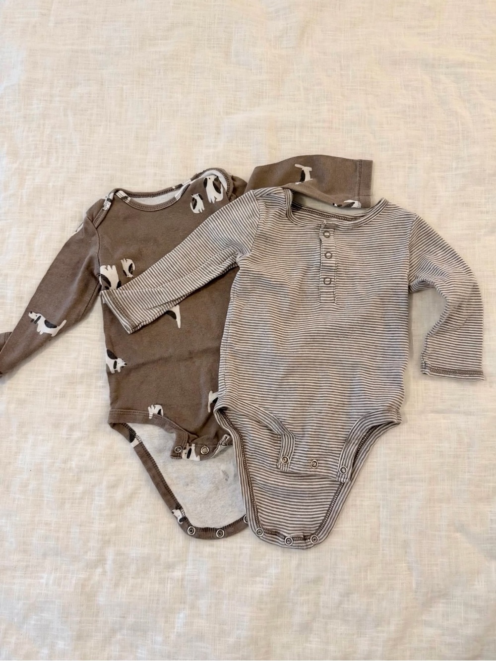 Carter's Baby Bodysuit Bundle 12M - Brown Dog Print/Beige Stripe Henley